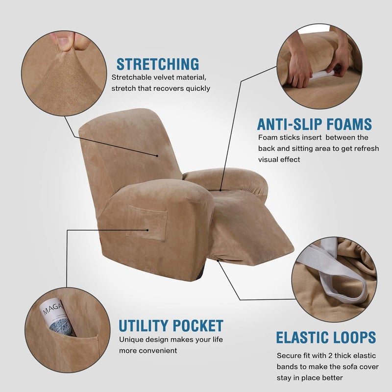 H.VERSAILTEX Stretch Recliner Cover for Lazy Boy Recliner Chair with Pocket, Nonslip Feature, Elastic Bottom, Velvet Soft Fabric (Camel, Large) - Image 2